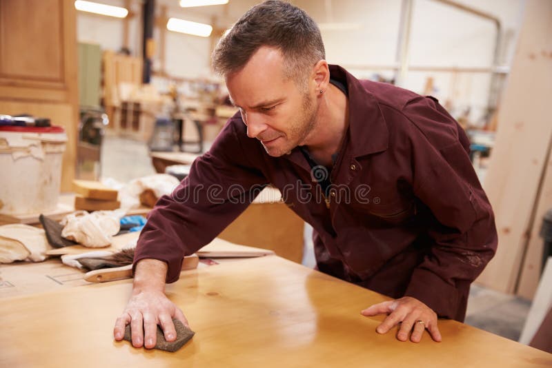 Carpenter Finishing Wood in Carpentry Stock Image Image of