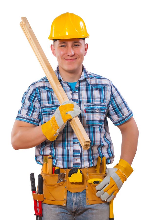 Carpenter holding wooden planks and looking at camera isolated o