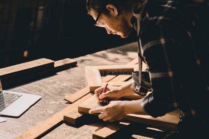 Carpenter Man Woodcraft Working in Furniture Wood Workshop with ...