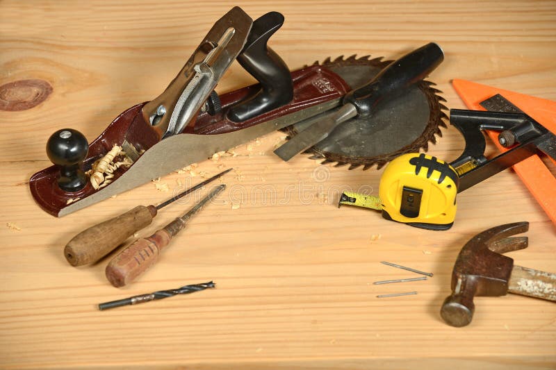 Carpenter S Tools on Wooden Bench Stock Image Image of vintage, desk 50917153