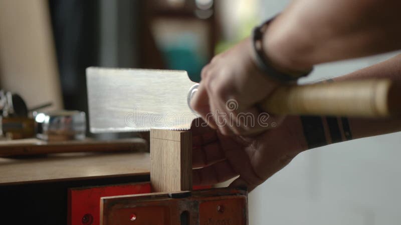 A carpenter saws an oak board, clamped in a vice with a Japanese hand saw. handmade carpentry. The sound of carpentry tools