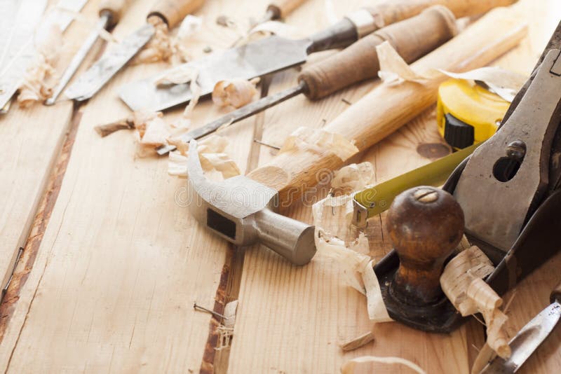 Carpenter Tools Saw Hammer Wood Tape Plane Gouge Stock Photo - Image of ...