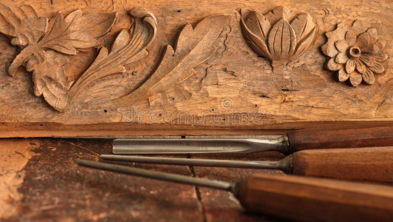 Carpenter Wood Chisel Tool With Carving On Old Weathered ...