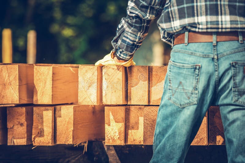 Carpenter with Wood Planer and Workpiece in Carpentry Stock Image