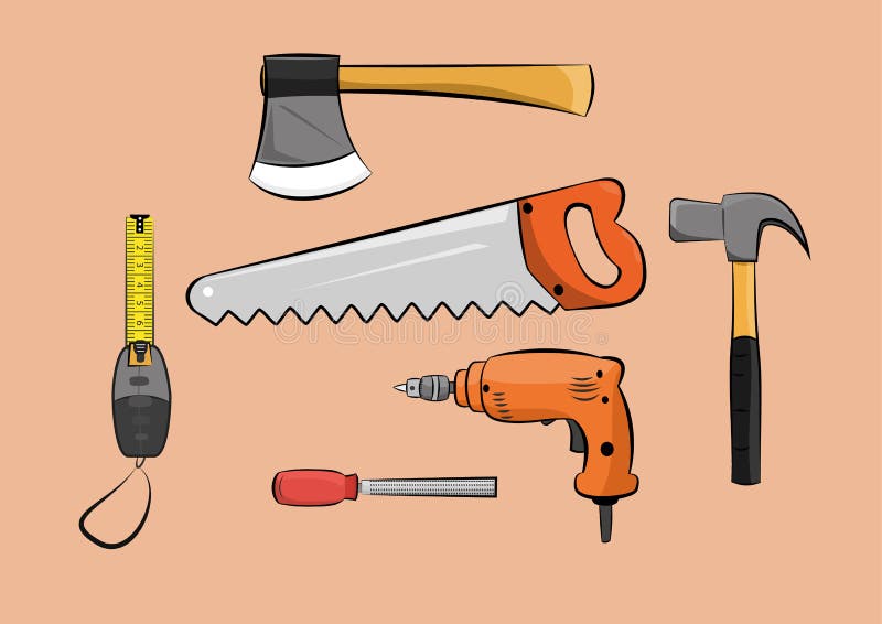 Carpenter wood working construction tools set royalty free illustration