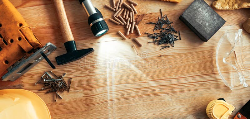Carpenter Woodwork Workshop Desk Top View Copy Space Stock Image