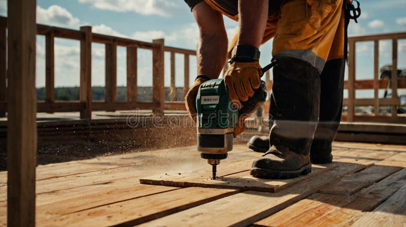 Tâmplar la locul de muncă. închiderea tâmplarului care lucrează cu foraj. constructor care utilizează foraj pe punte din lemn
