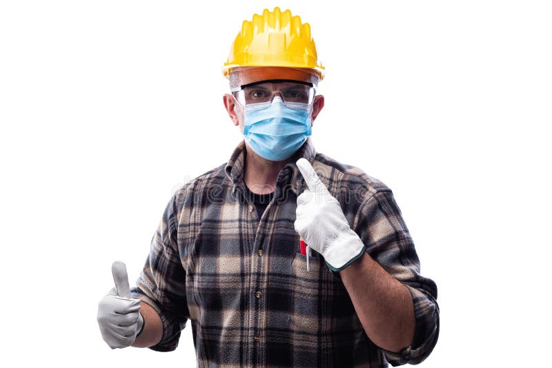Carpenter at Work Protects the Face with the Surgical Mask. Carpentry ...