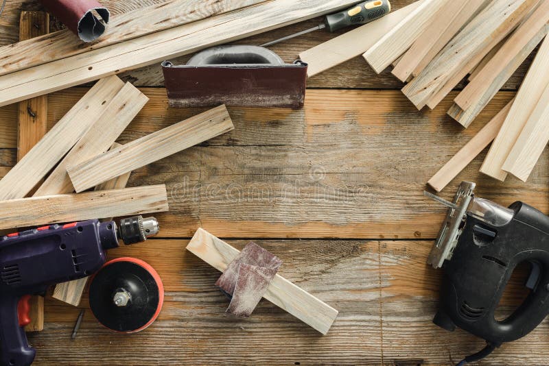 Carpenter workplace carpentry workshop top view royalty free stock photo