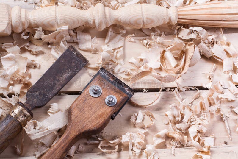 Carpentry Concept . Joiner Carpenter Workplace Top View. Construction