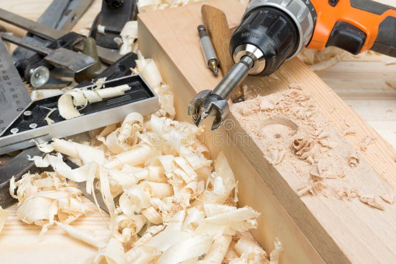 Carpentry Tools and Wood Shavings in the Stock Image Image