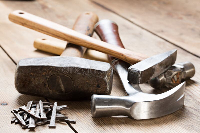 Carpentry Tools on Wood Table Stock Photo Image of nail, power 45546224