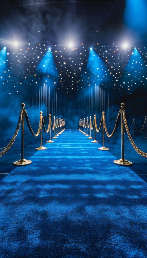 Carpete azul deslumbrante e cena iluminada para eventos de estreia de filme glamouroso ilustração royalty free