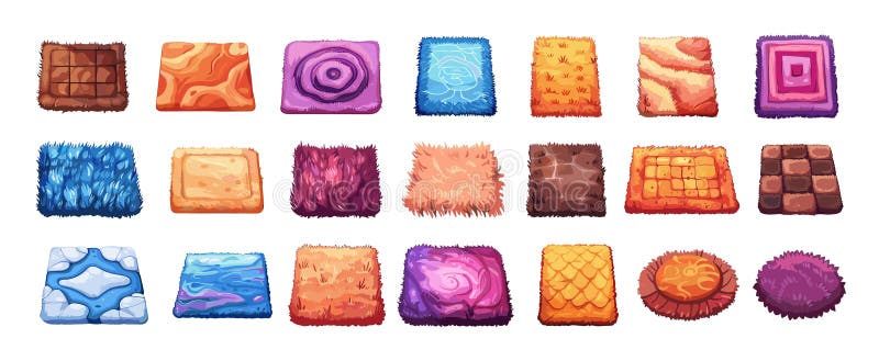 Carpets cartoon vector set. Round rectangular carpet cotton woven fluffy floor fabric pattern cozy mats interior stock illustration