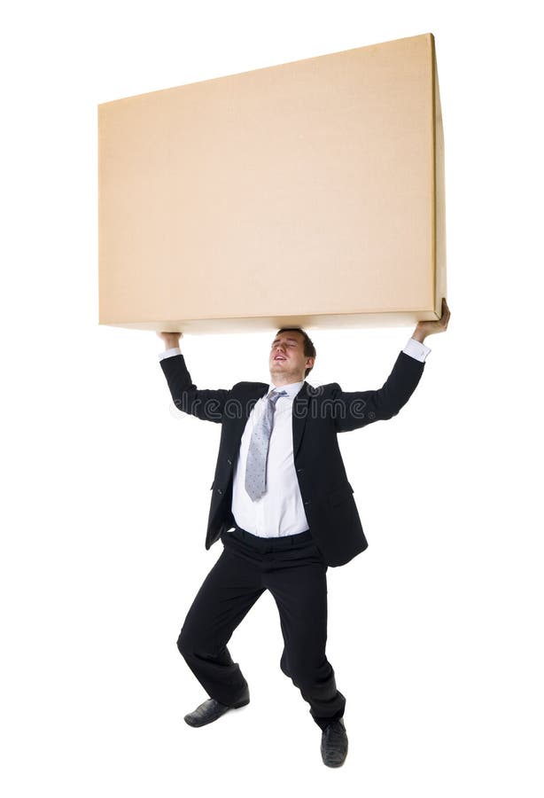 Well dressed man carrying a heavy cardboard Box isolated on white background. Well dressed man carrying a heavy cardboard Box isolated on white background