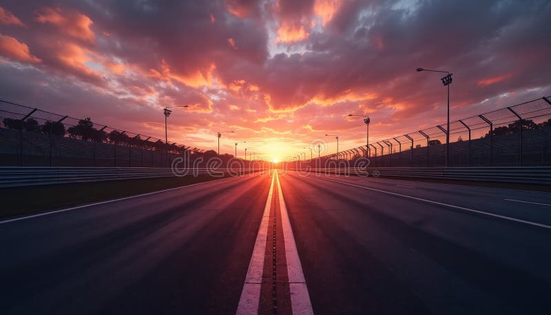 Carreggiata auto-corsa vuota con tramonto vibrante. Circuito di corsa di asfalto con il sole che fa brillare il cielo su una pista royalty illustrazione gratis