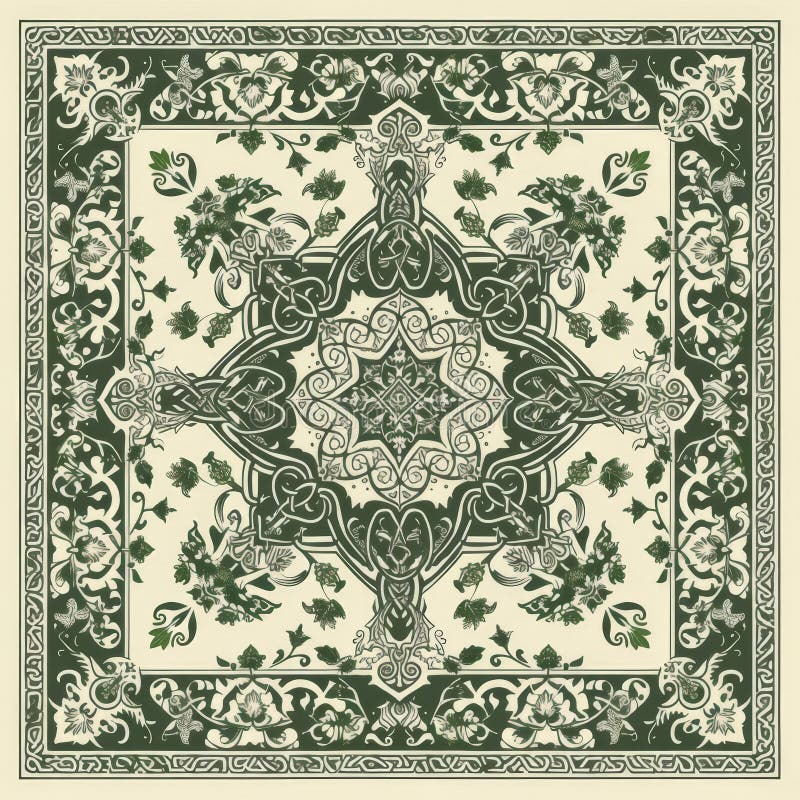Carrelage coloré vert et crème avec motifs floraux. Un design de tuiles très détaillé présente des motifs floraux verts complexes sur fond crème. l'oeuvre présente des formes symétriques et un défilement délicat créant une élégante aération générée