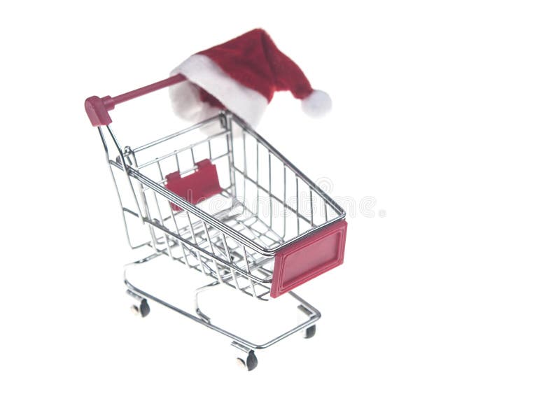 carrello e cappello di Santa Claus isolato su fondo bianco fotografia stock libera da diritti carrello e cappello di Santa Claus isolato su fondo bianco fotografia stock libera da diritti