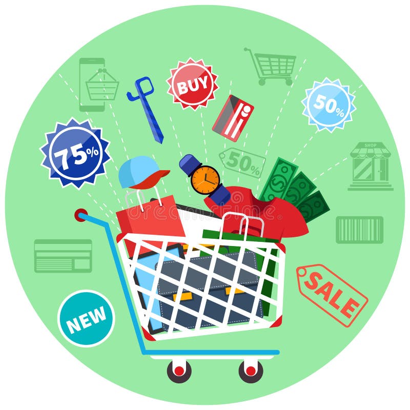 Carrello online con il concetto delle merci illustrazione vettoriale Carrello online con il concetto delle merci illustrazione vettoriale