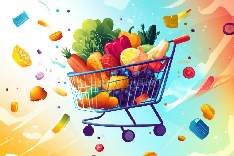 Carrello per l'erba sovraffollato di prodotti freschi colorati e di prodotti biologici in un supermercato vivace fotografie stock