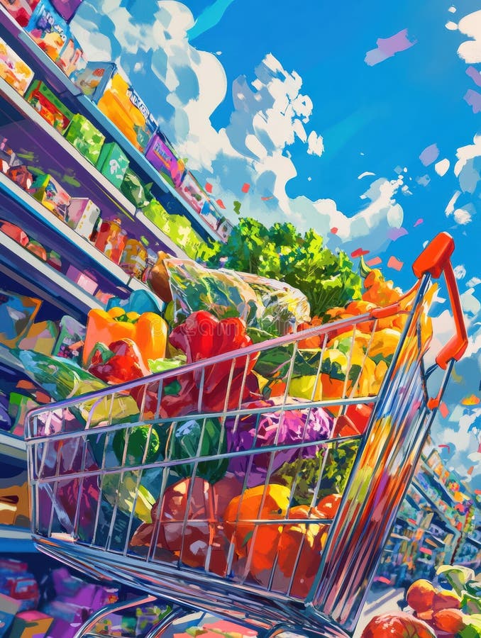 Carrello per la spesa colorato di prodotti freschi e di prodotti biologici in un supermercato vivace immagini stock libere da diritti