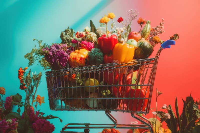 Carrello per la spesa colorato di prodotti freschi e di prodotti biologici in un vivace mercato immagini stock libere da diritti