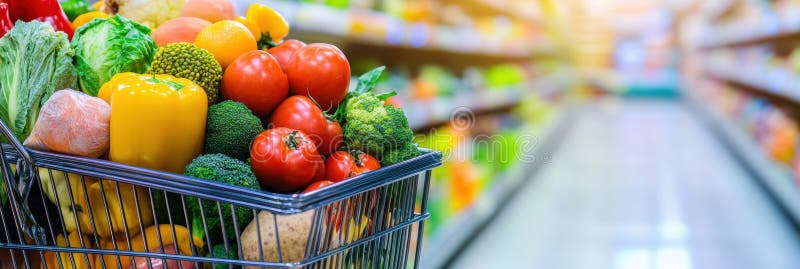 Carrello pieno di prodotti freschi vibranti e di prodotti alimentari biologici in un ambiente di supermercato fiorente fotografia stock libera da diritti