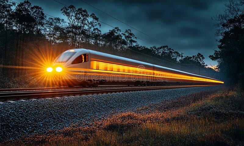 Carrera de trenes de alta velocidad a través del paisaje nocturno ilustración del vector