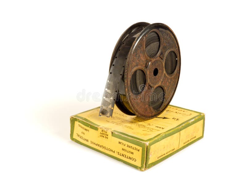 16 mm / 30 meters (100 ft) motion picture film reel and its box, isolated over white background. 16 mm / 30 meters (100 ft) motion picture film reel and its box, isolated over white background