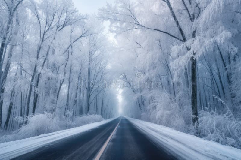 Carretera de invierno nigrosa rodeada de árboles de nieve creados con ai generativo