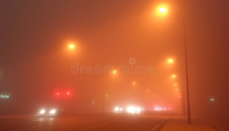 Carretera nublada con luces nocturnas de auto creando una misteriosa escena urbana IA Generativa ilustración del vector
