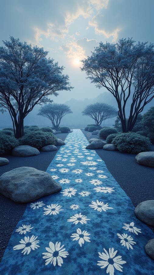 Carretera serena con alfombra floral en medio de un tranquilo paisaje azul y árboles al ocaso fotografía de archivo libre de regalías