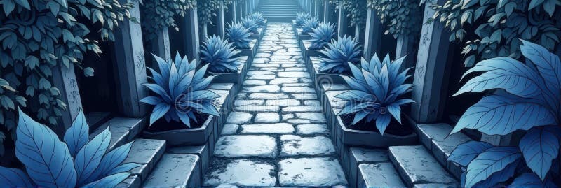 Carretera serena con follaje azul y pasarela de adoquín en el jardín fotos de archivo libres de regalías