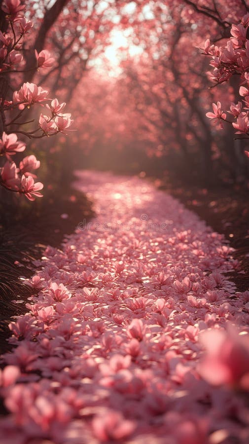 Carretera serena cubierta de flores de magnolia rosada rodeada de árboles de magnolia florecientes con luz solar suave. fotos de archivo
