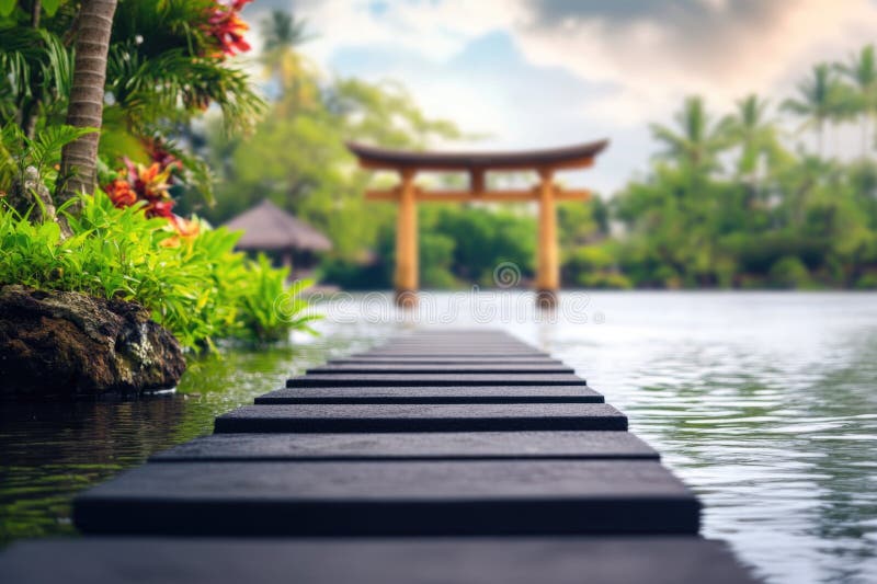 Carretera serena que conduce a la puerta tradicional japonesa toriana sobre el agua en un exuberante jardín tropical imagenes de archivo