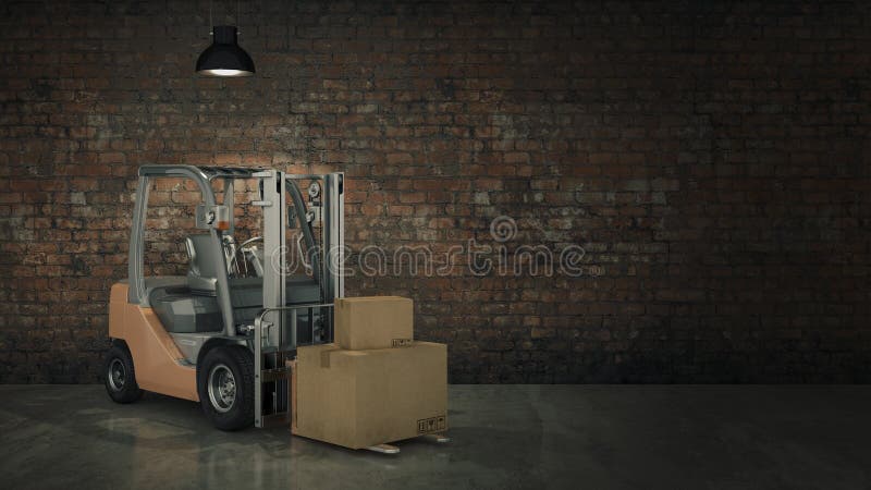 Forklift truck in warehouse or storage loading cardboard boxes - Design made in 3D. Forklift truck in warehouse or storage loading cardboard boxes - Design made in 3D