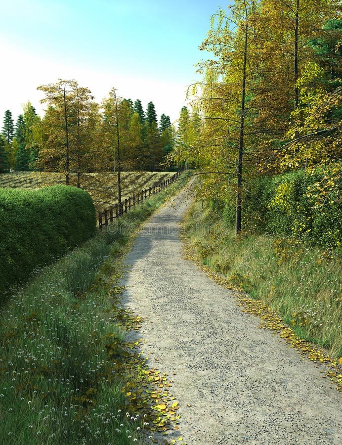Country lane running alongside fields and woodland, 3d digitally rendered illustration. Country lane running alongside fields and woodland, 3d digitally rendered illustration