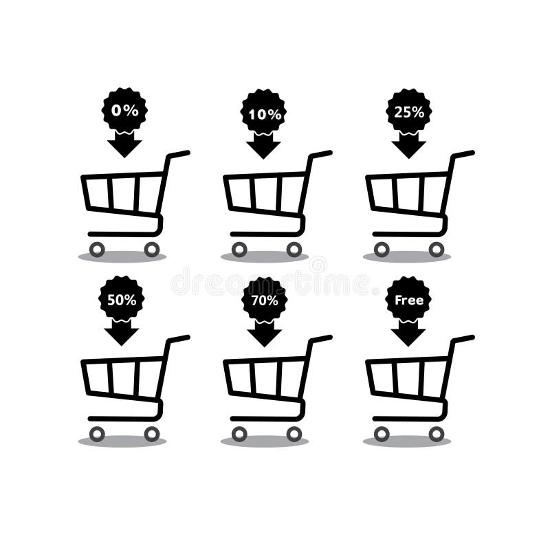 Carrinho de compras com ícone ajustado do disconto da porcentagem Objetos isolados no fundo Ilustração do plano e dos desenhos an ilustração stock Carrinho de compras com ícone ajustado do disconto da porcentagem Objetos isolados no fundo Ilustração do plano e dos desenhos an ilustração stock