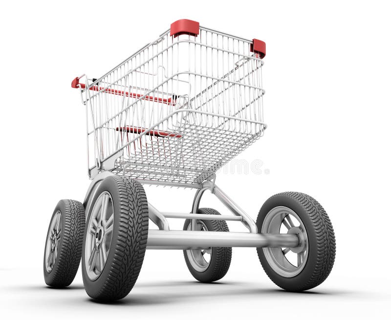 Carrinho de compras do conceito com rodas de carro ilustração royalty free Carrinho de compras do conceito com rodas de carro ilustração royalty free