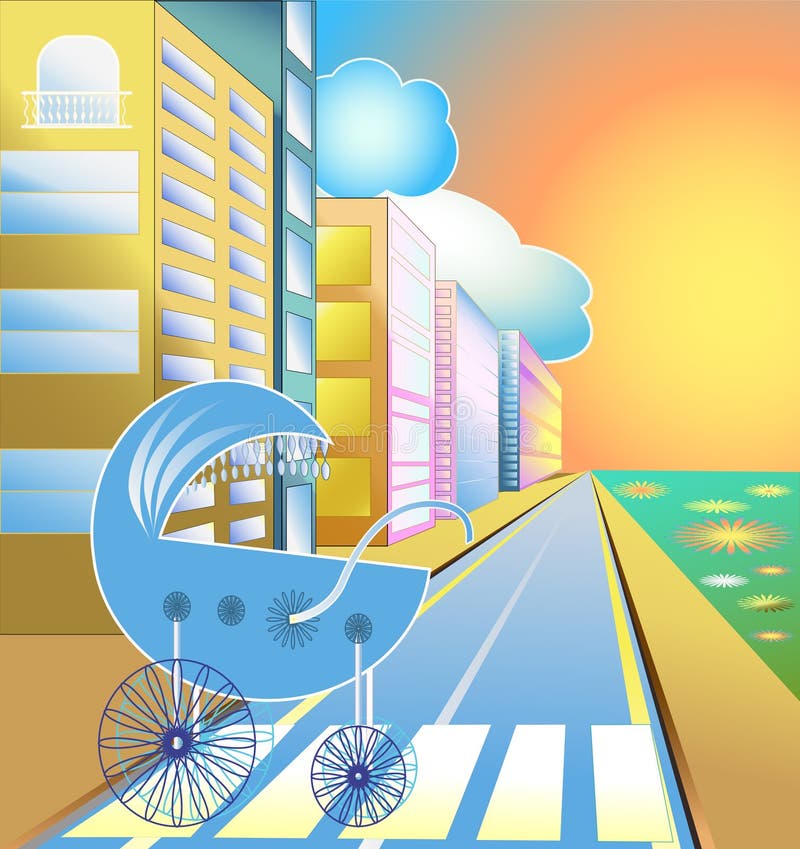 Carrinho de criança de bebê em uma rua da cidade ilustração stock Carrinho de criança de bebê em uma rua da cidade ilustração stock