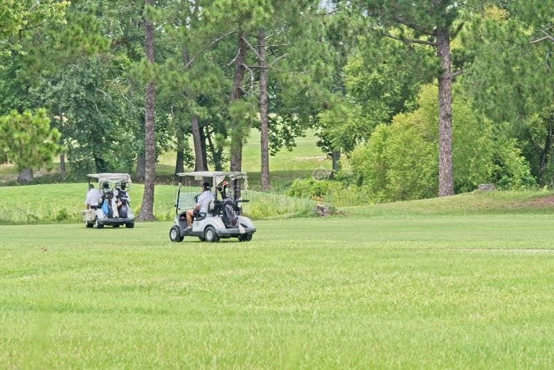 Carrinhos de golfe em um campo de golfe verde fotografia de stock Carrinhos de golfe em um campo de golfe verde fotografia de stock