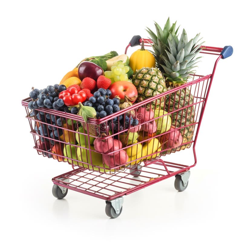 Surtido de frutas y verduras, supermercado carrito de compras