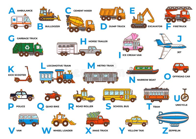 Transporte De Carro Alfabético Inglês. Impressão Abc. Desenho Animado  Ilustração do Vetor - Ilustração de escavadora, ambulância: 236943994