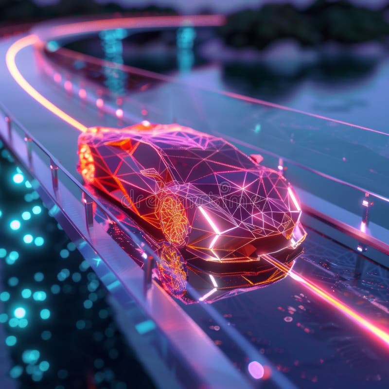 digital glowing car made of 3D triangular polygons rides on a glass bridge over the water AI generated. digital glowing car made of 3D triangular polygons rides on a glass bridge over the water AI generated