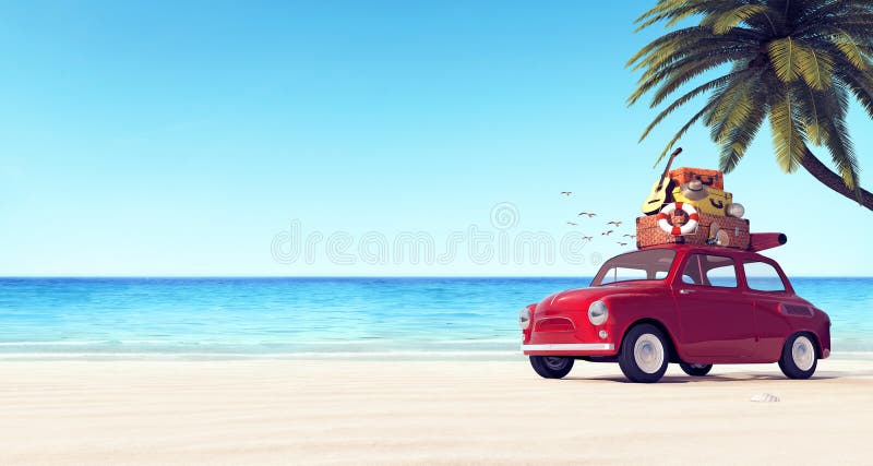 Carro com bagagem no telhado na praia pronta para férias de verão