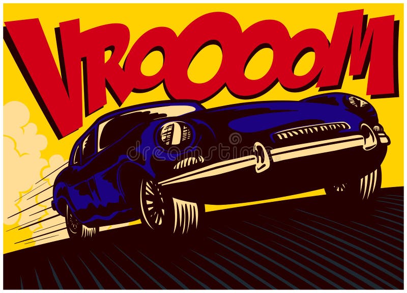 Carro de banda desenhada do pop art na velocidade com ilustração do vetor da onomatopeia do vrooom