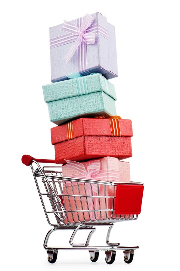 Carro de compra e giftboxes imagem de stock royalty free Carro de compra e giftboxes imagem de stock royalty free