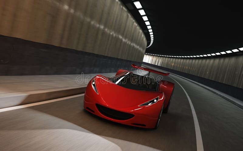 3D of red sports car driving in tunnel. 3D of red sports car driving in tunnel.