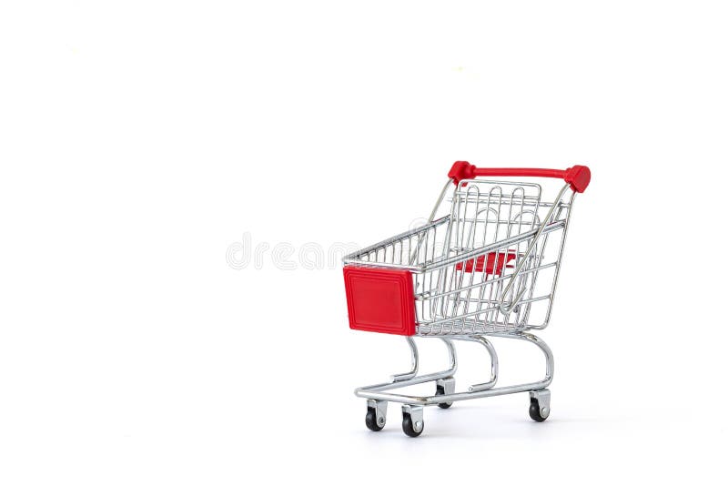 Carro de la compra vac? o en el fondo blanco Primer de la carretilla que hace compras encendido con un cierto espacio de la copia Concepto del consumidor Concepto en l? nea de las compras