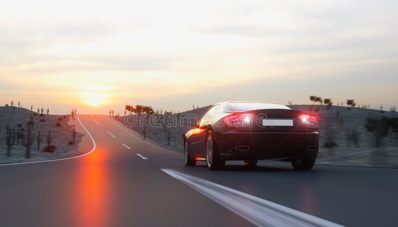 Black sport car on road, highway. Very fast driving. 3d rendering. Black sport car on road, highway. Very fast driving. 3d rendering